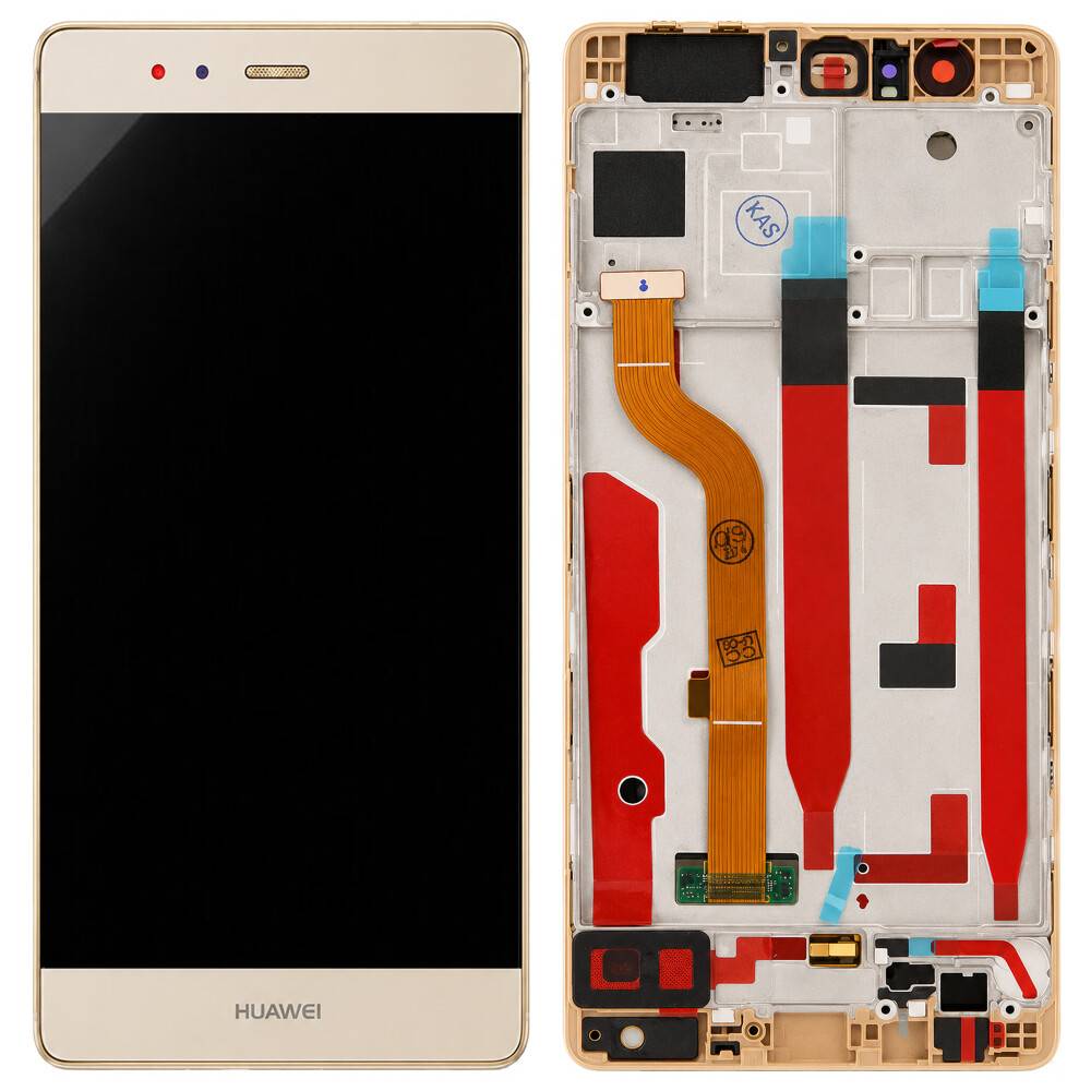 Vorder- und Rückseite einer Gold-Huawei-Smartphone-Bildschirmeinheit, die die schwarze Display-Vorderseite und das freigelegte interne Rückgerüst mit Flexkabeln und Steckverbindern zeigt.