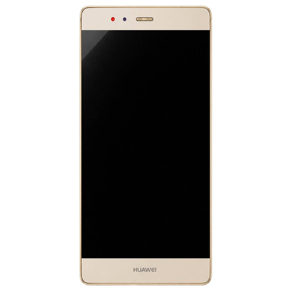 Goldenes Huawei-Smartphone frontal mit schwarzem Bildschirm und sichtbarer Frontkamera/Sensoren.