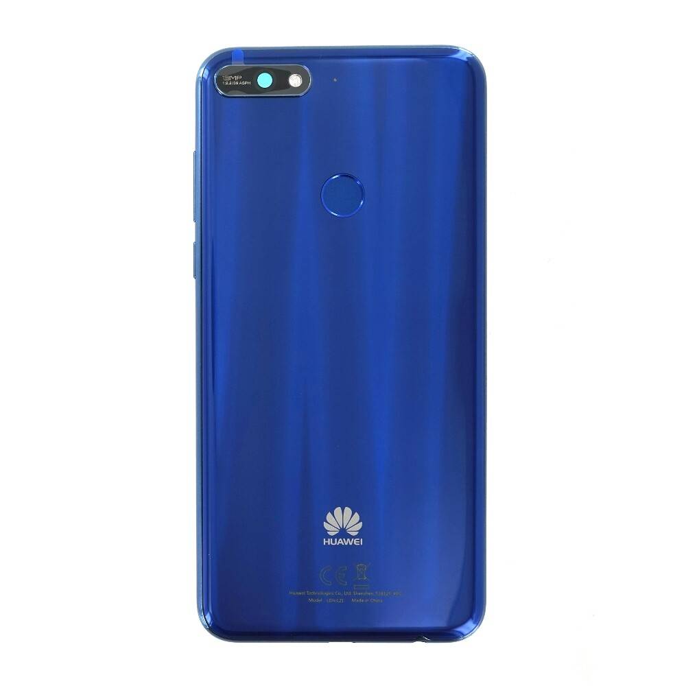 Rückseite eines glänzenden blauen Huawei-Smartphones mit Dual-Rückkamera, Fingerabdrucksensor und Huawei-Logo auf weißem Hintergrund.