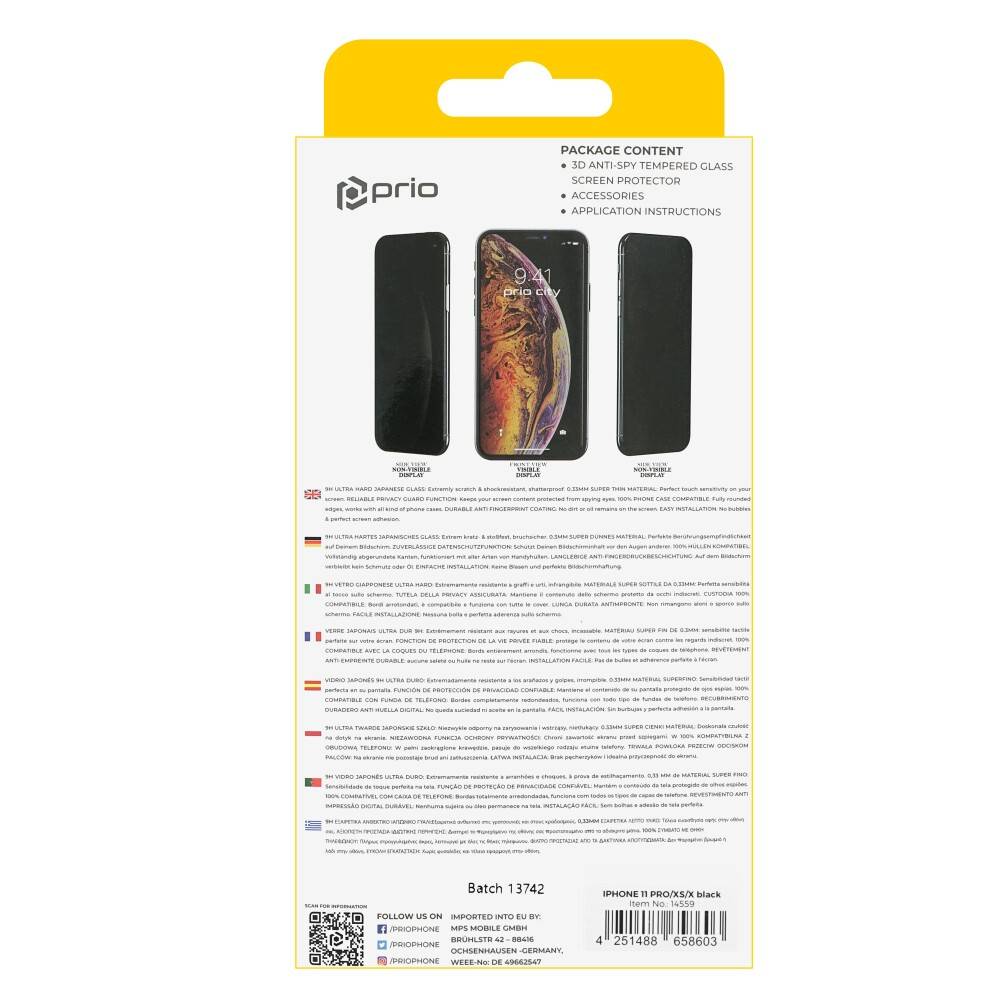 prio 3D Anti-Spy Displayschutzglas für iPhone 11 Pro/XS/X schwarz