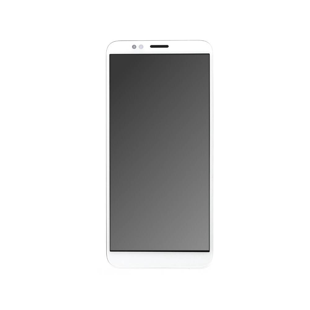 Ein weißes Smartphone mit leerem Bildschirm vor einem einfachen Hintergrund.