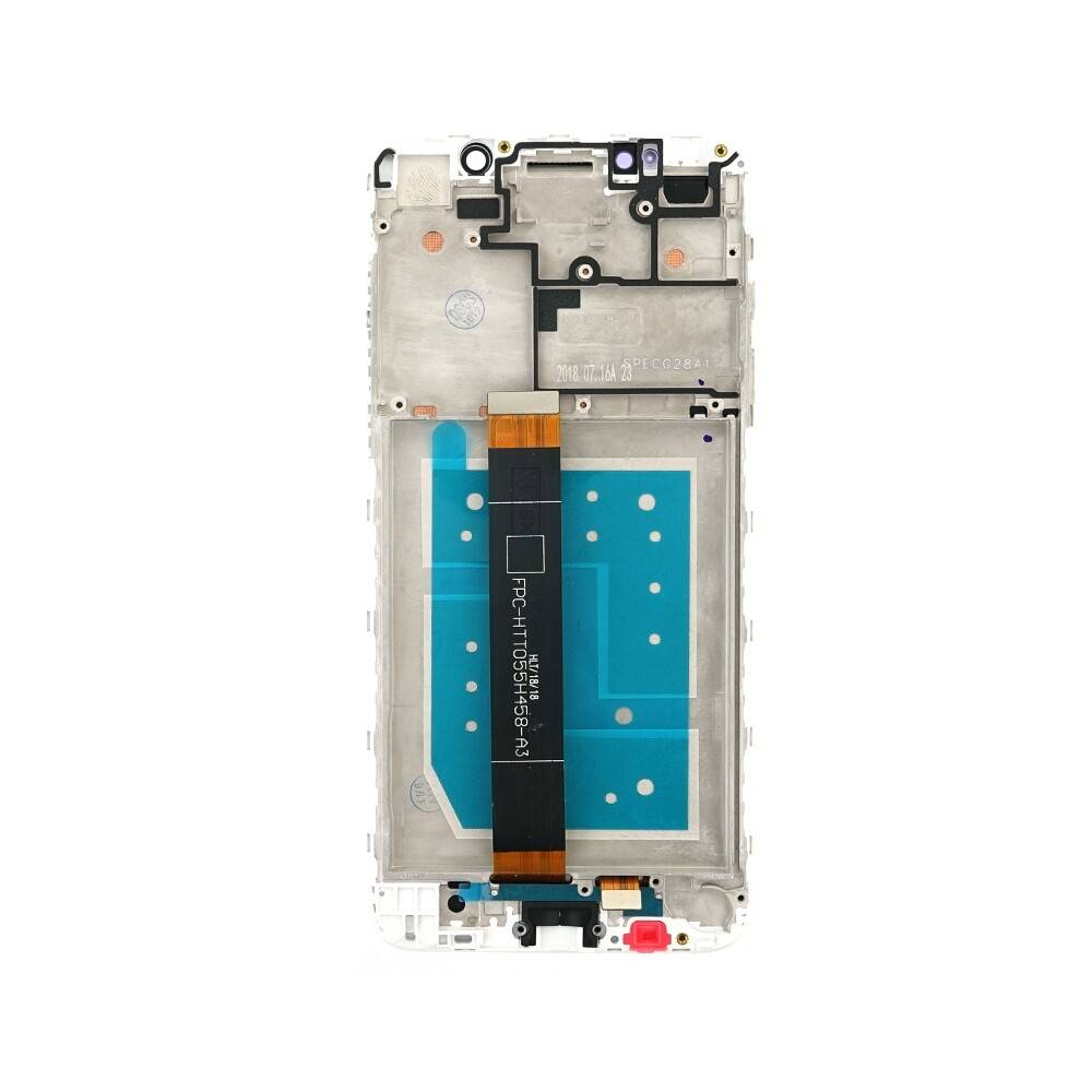 Das Bild zeigt die internen Komponenten eines Smartphones mit einer Displayeinheit, einem Flexkabel und einem Metallrahmen.