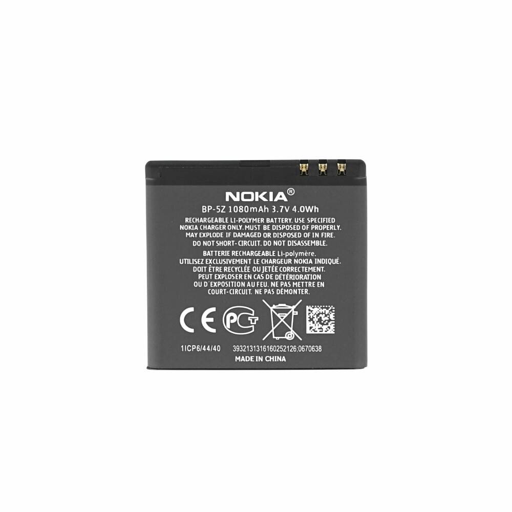 Eine schwarze Nokia-Batterie mit der Modellnummer BP-5Z, Kapazität 1080mAh, 3,7V und Warnhinweise zur ordnungsgemäßen Verwendung und Entsorgung.