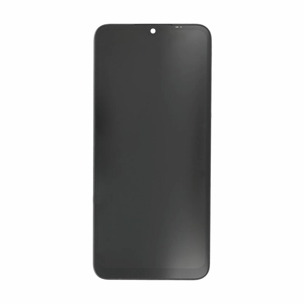 Ein Smartphone mit schwarzem Vorderbildschirm, das keinen Inhalt anzeigt, auf weißem Hintergrund.