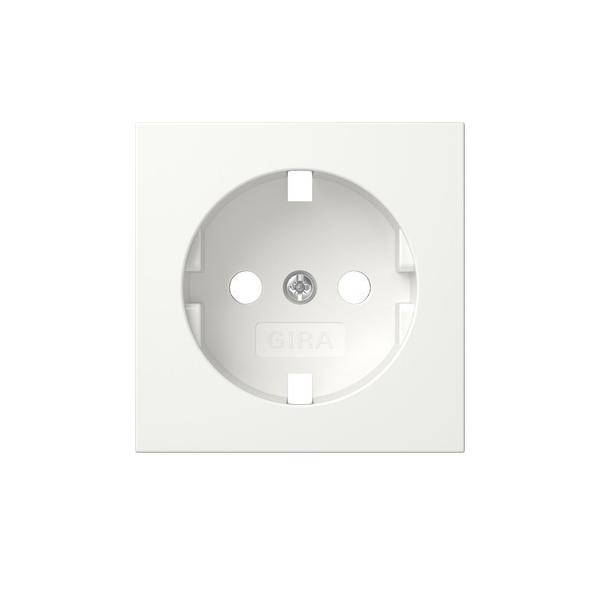 Eine weiße Elektrische Wandsteckdose für europäische Stecker, von vorne gezeigt mit Erdung und zwei Stiftlöchern.