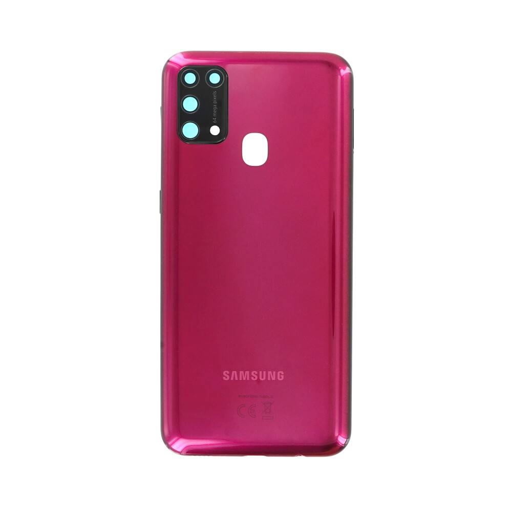 Ein rotes Smartphone mit mehreren Rückkameras und einem Fingerabdrucksensor, das sein Design der Rückseite und das Branding zeigt.