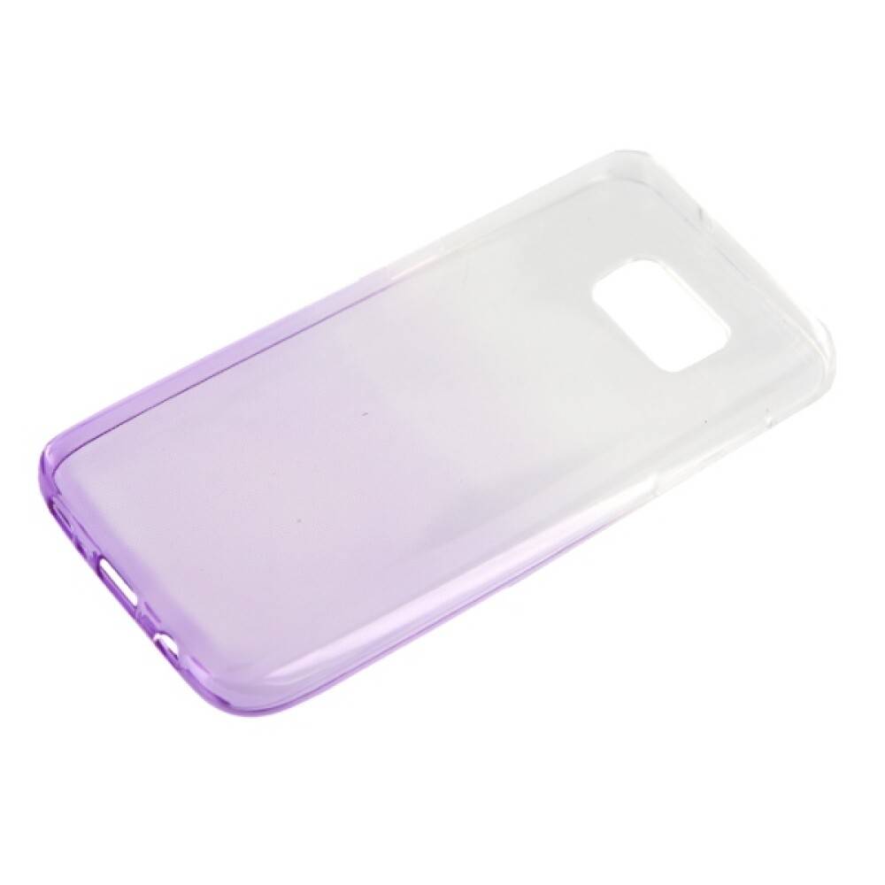 Durchsichtige violett-zu-transparent gefärbte Smartphone-Schutzhülle auf weißem Hintergrund.
