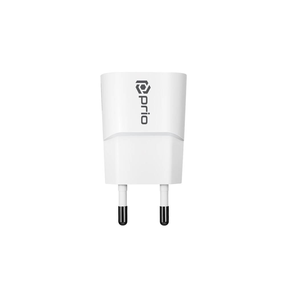 Weiß Prio USB-Wandladegerät mit zwei runden europäischen Steckerkontakten, zentriert auf einem einfachen weißen Hintergrund.