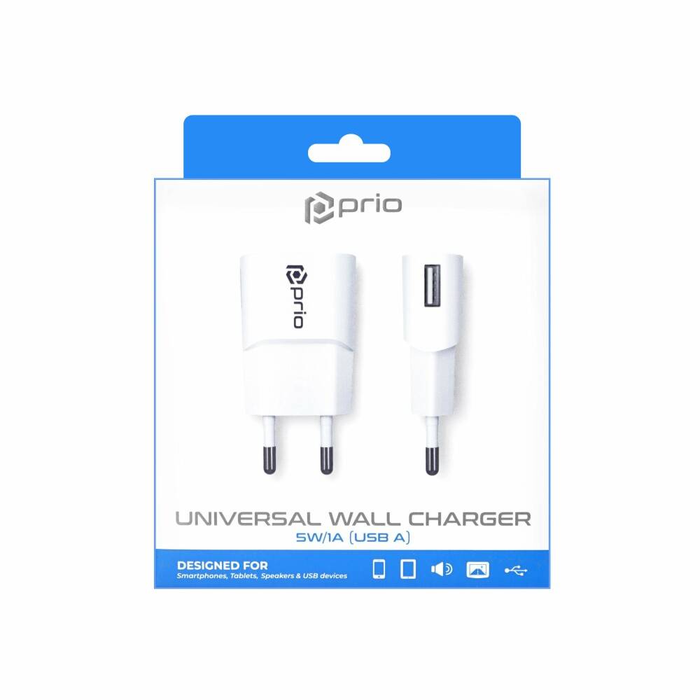 Verpackung für Prio universelles Wandladegerät, 5W/1A USB-A, zeigt kompaktes weißes Ladegerät und USB-Adapter.