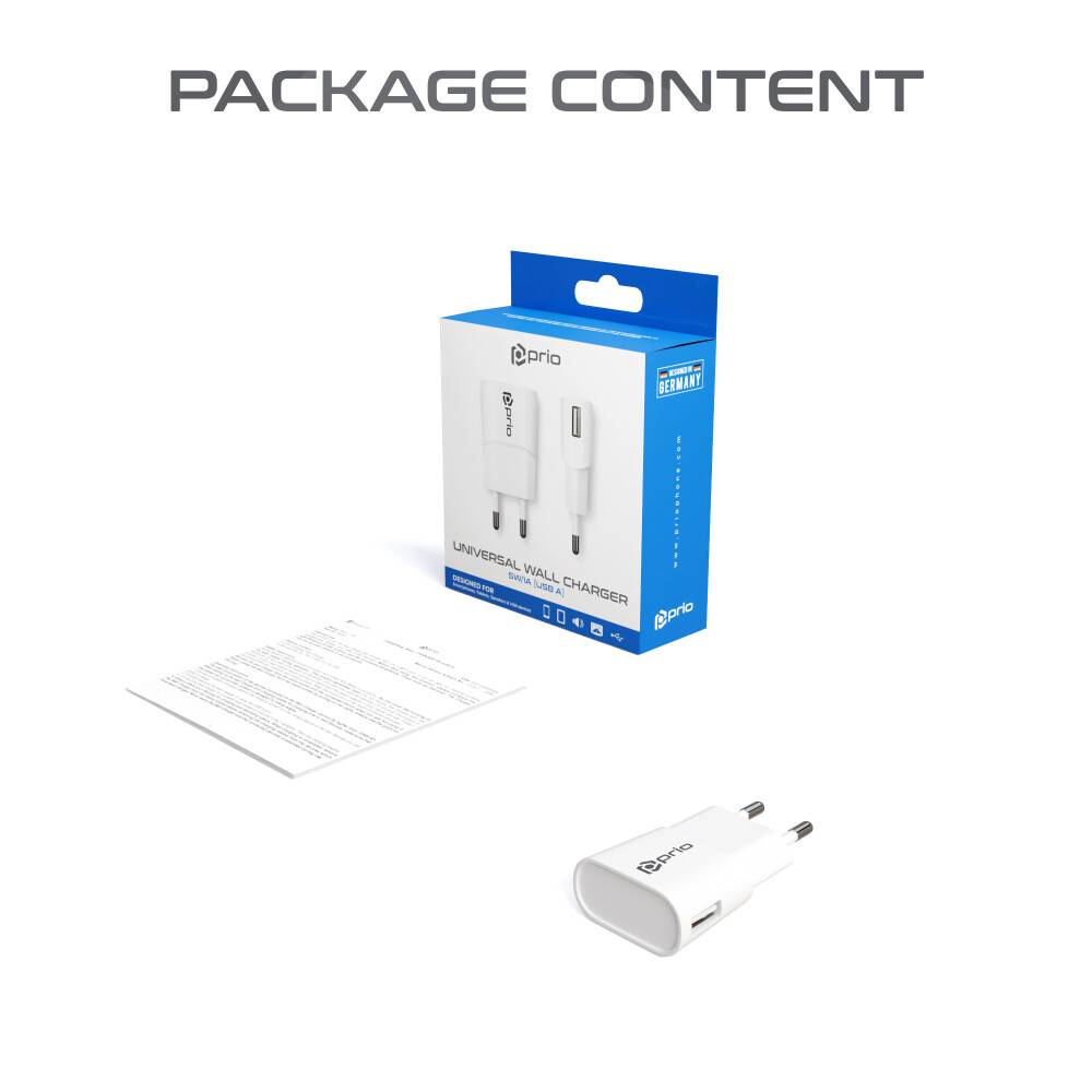 Paketinhalt gezeigt: Verpackung mit Markenlogo für ein universelles Wandladegerät, Anleitung und weißes USB-Wandladegerät mit zweipoligem Stecker.