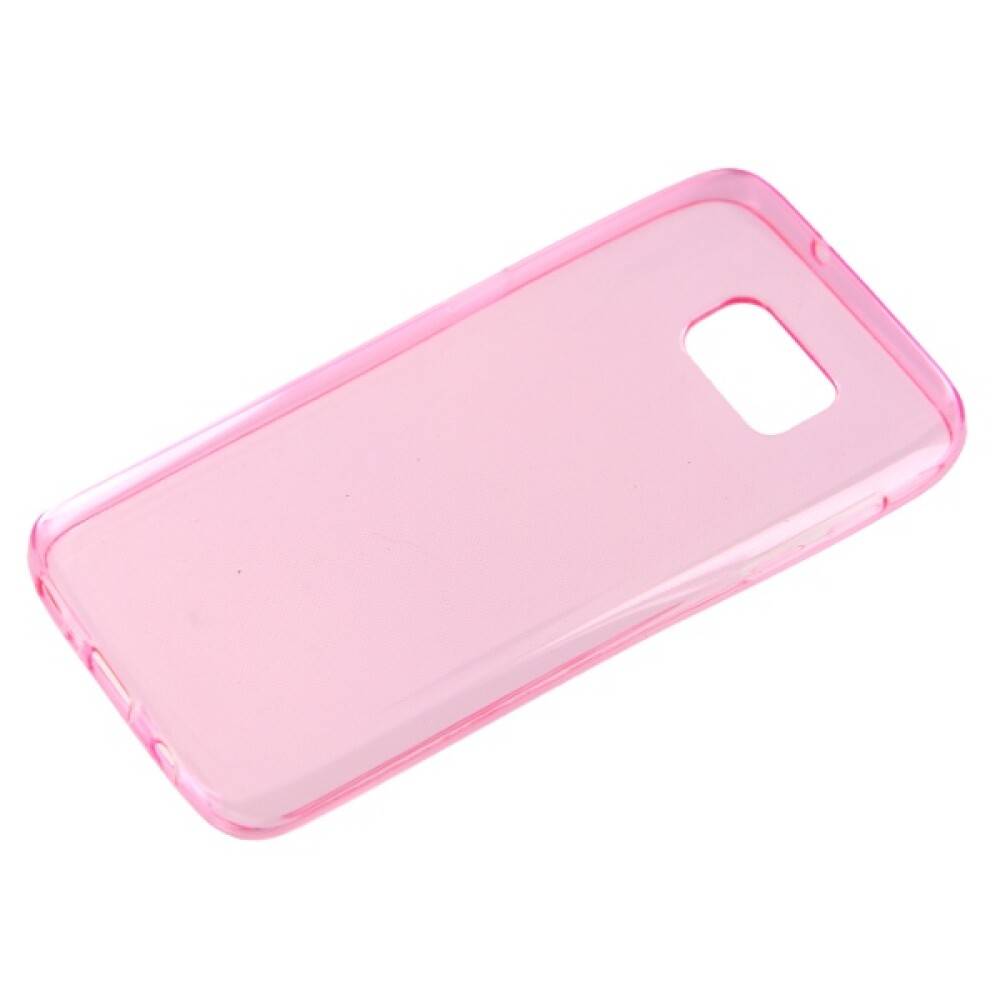 Ein rosa, durchsichtiges Smartphone-Case mit einer Aussparung für die Kamera, gezeigt auf weißem Hintergrund.