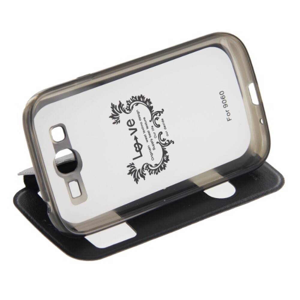 Lovme' Markenhandyhülle mit dekorativem Design und Zertifizierungen, in Standposition mit schwarzem Gehäuse dargestellt.