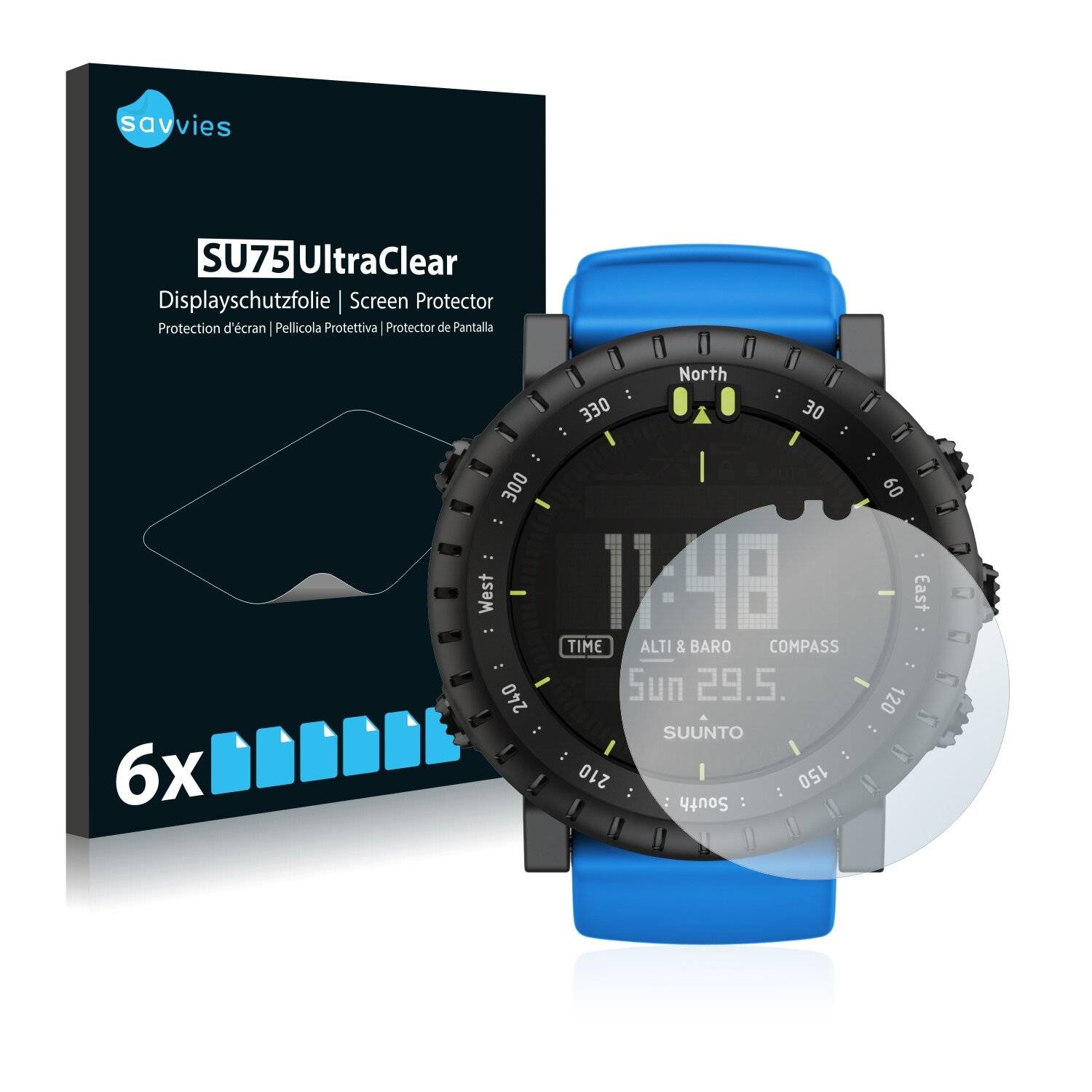 6x Savvies SU75 Displayschutzfolie für Suunto Core Blue