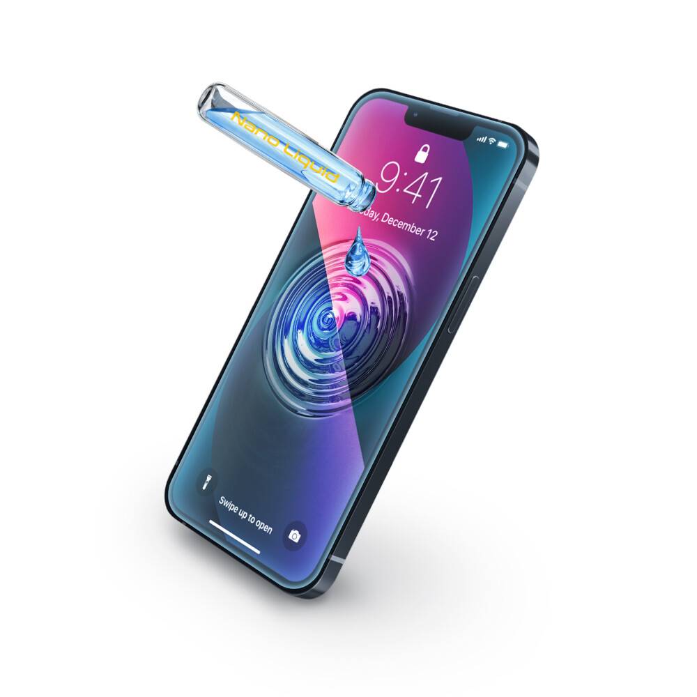 Ein Smartphone zeigt einen leuchtenden Bildschirm mit einem digitalen Tropfen, der Welleneffekte verursacht. Eine übergroße Kapsel mit der Aufschrift „Nano Liquid