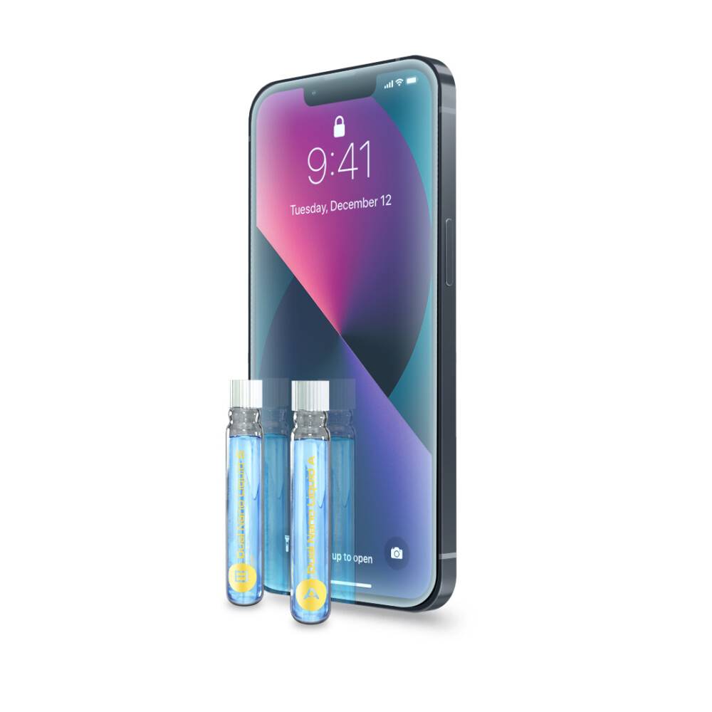 Smartphone mit farbigem Display, das 9:41, Dienstag, 12. Dezember anzeigt. Davor sind drei kleine transparente Fläschchen mit Flüssigkeit gefüllt.