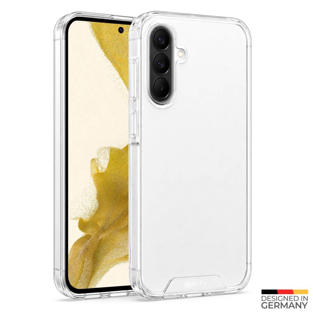 Durchsichtige Schutzhandyhülle auf einem Smartphone mit transparenter Rückseite und Kameraausschnitt; „DESIGNED IN GERMANY