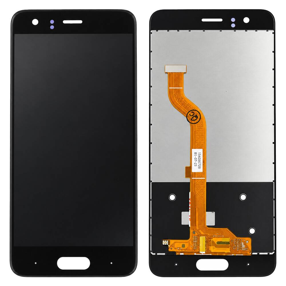 Vorder- und Rückansichten einer Smartphone-Displayaustauschbaugruppe, die die schwarze Displayvorderseite und die Rückseite mit orangefarbenem Flachbandkabel und Anschlüssen zeigt.