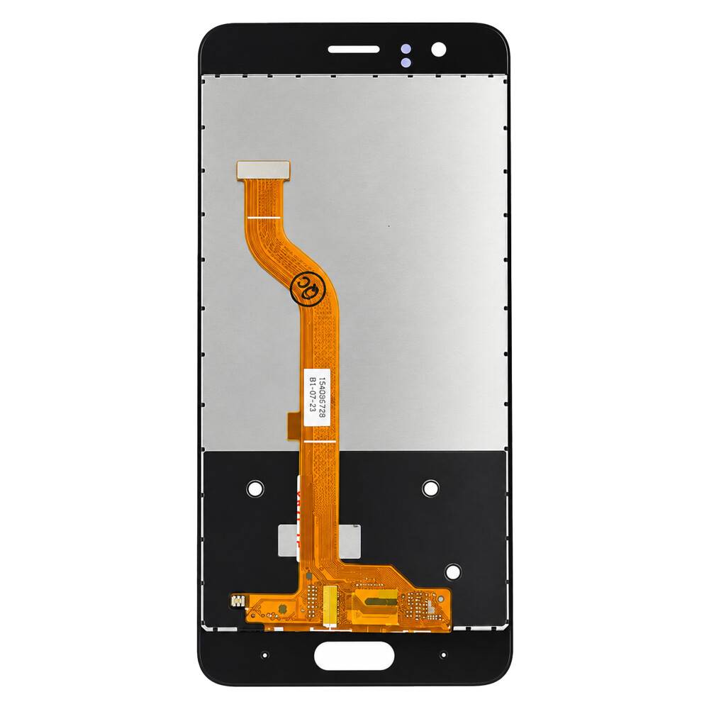 Smartphone-Display-Baugruppe mit schwarzem Rand und orangefarbigem Flachbandkabel, frontal vor weißem Hintergrund dargestellt.
