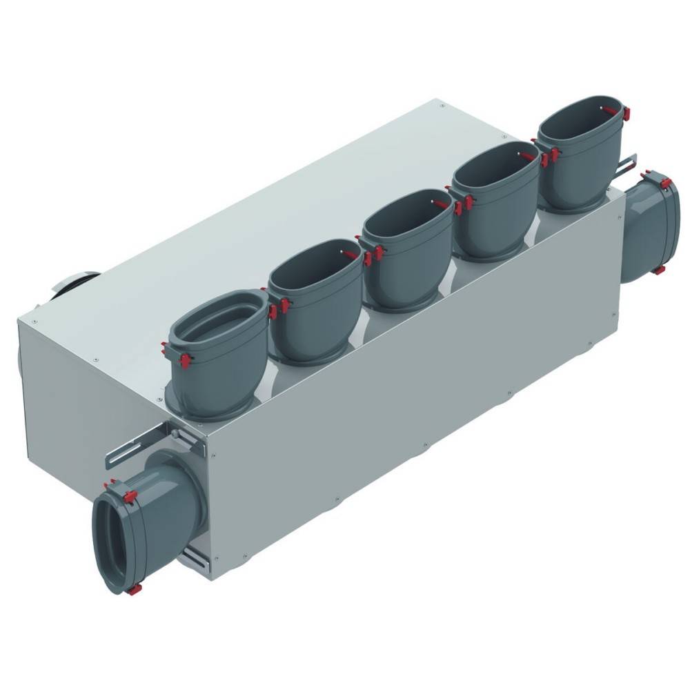 Ein Metall-Luftverteilmanifold mit mehreren zylindrischen Ausgängen und zwei Hauptanschlüssen an den Seiten für HVAC-Systeme.