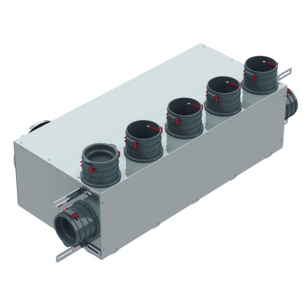 Rechteckige Metalloluftverteilbox mit sechs kreisrunden Kanaleingängen und roten Verstellhebeln an jeder Öffnung zur Luftströmungsregulierung.