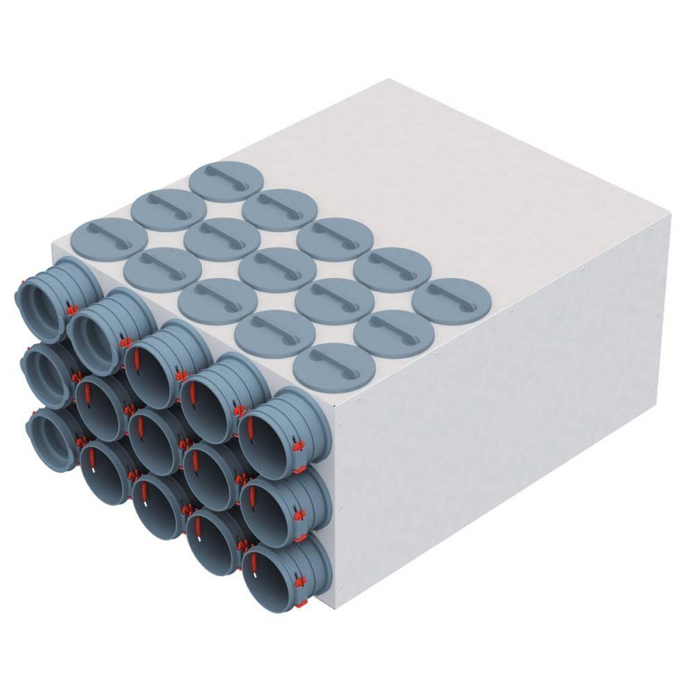3D-Rendering eines rechteckigen weißen Blocks mit vielen grauen zylindrischen Rohröffnungen, die dicht an einem Ende angebracht sind, jede mit roten Akzenten gekennzeichnet oder abgedeckt.