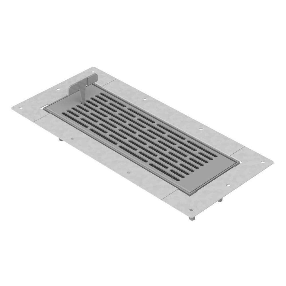 Rechteckiges Metallbodengitter mit Schlitzöffnungen und Befestigungslöchern. Konzipiert für Belüftung mit robuster Konstruktion.