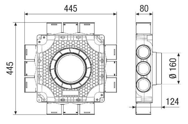 Technische Zeichnung einer mechanischen Komponente mit Abmessungen: 445 Einheiten breit, 80 Einheiten tief, mit kreisförmigen und rechteckigen Elementen.
