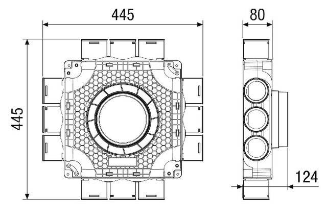 Eine technische Zeichnung, die eine mechanische Komponente mit folgenden Abmessungen zeigt: Breite 445 mm und Höhe 80 mm; detaillierte Seiten- und Draufsicht.