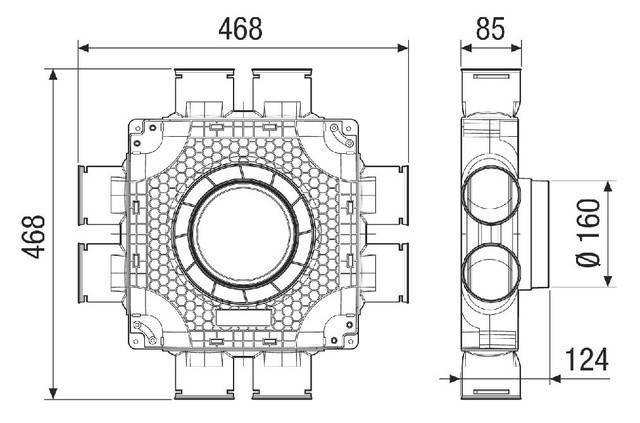 Technische Zeichnung einer mechanischen Komponente mit Abmessungen von 468 bei 85. Das Design umfasst kreisförmige und rechteckige Elemente.