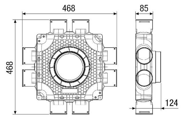 Technische Zeichnung eines elektrischen Geräts mit den Abmessungen 468x85. Merkmale umfassen mehrere Anschlüsse und eine kreisförmige zentrale Komponente.