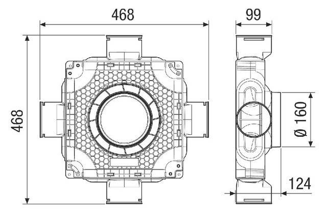 Technische Zeichnung von zwei mechanischen Komponenten. Die Hauptkomponente hat einen zentralen Kreis und ein Sechseckmuster, das 468 mm breit ist.