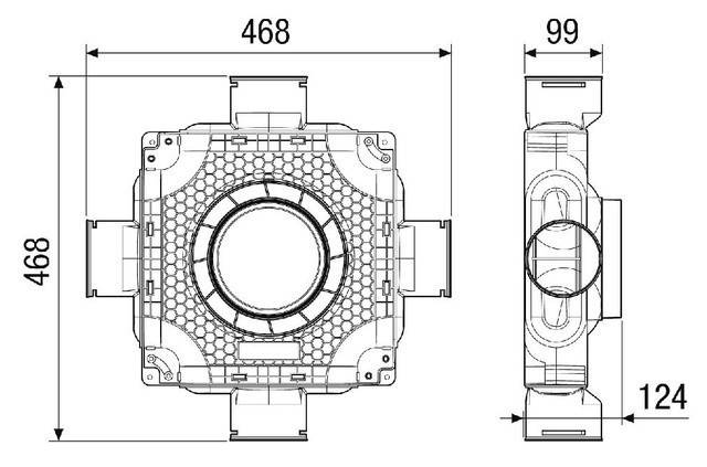 „Technische Zeichnung einer mechanischen Komponente mit Maßen: 468 Einheiten breit und 99 Einheiten tief, mit sechseckigem Strukturdesign.