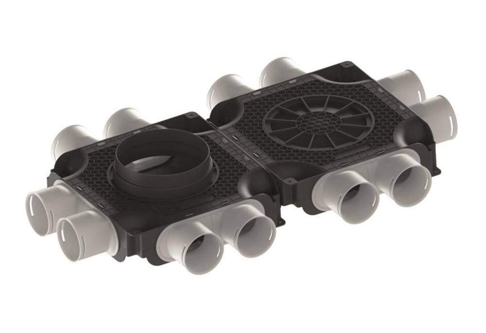 Ein System aus verschachtelten Lüftungskanälen mit mehreren weißen kreisförmigen Öffnungen, das ein Gittermuster zur Regulierung des Luftstroms aufweist.