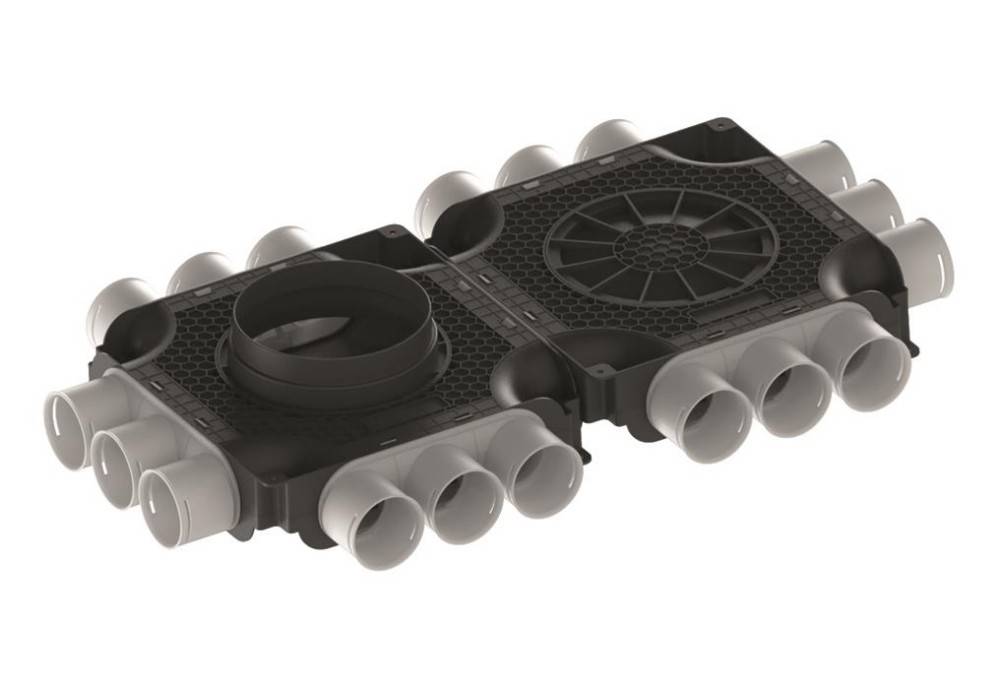 Rechteckiger Sammler mit mehreren weißen Rohren, die auf beiden Seiten angeschlossen sind und zur Luftverteilung in HVAC-Systemen verwendet werden.