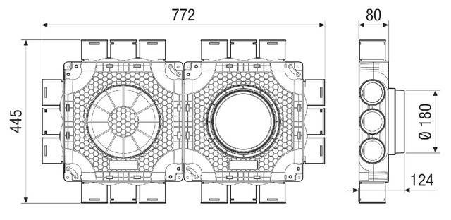 Technische Zeichnung von zwei rechteckigen Objekten, die miteinander verbunden sind, wobei jedes ein kreisförmiges Muster im Inneren enthält. Die obere Beschriftung lautet „772