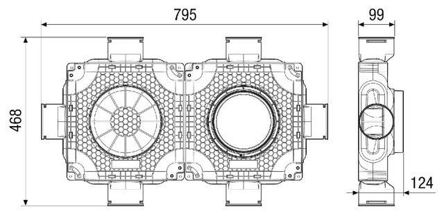 Technische Darstellung zweier kreisförmiger Komponenten in hexagonalen Gitterstrukturen, seitlich nebeneinander angeordnet, mit einer Breitenmessung von 795