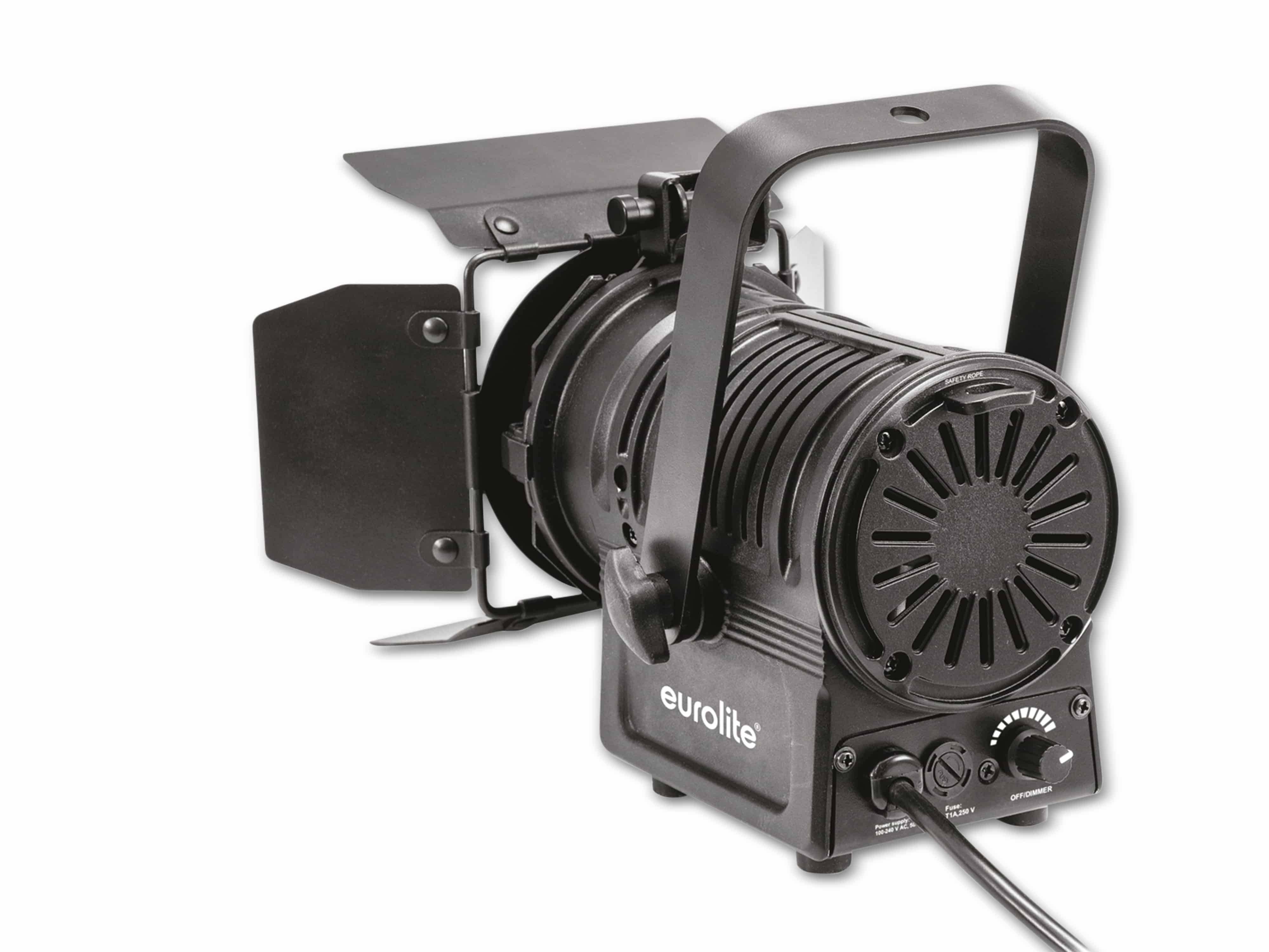 Ein schwarzer Bühnenscheinwerfer mit verstellbaren Blenden, mit der Bezeichnung „eurolite