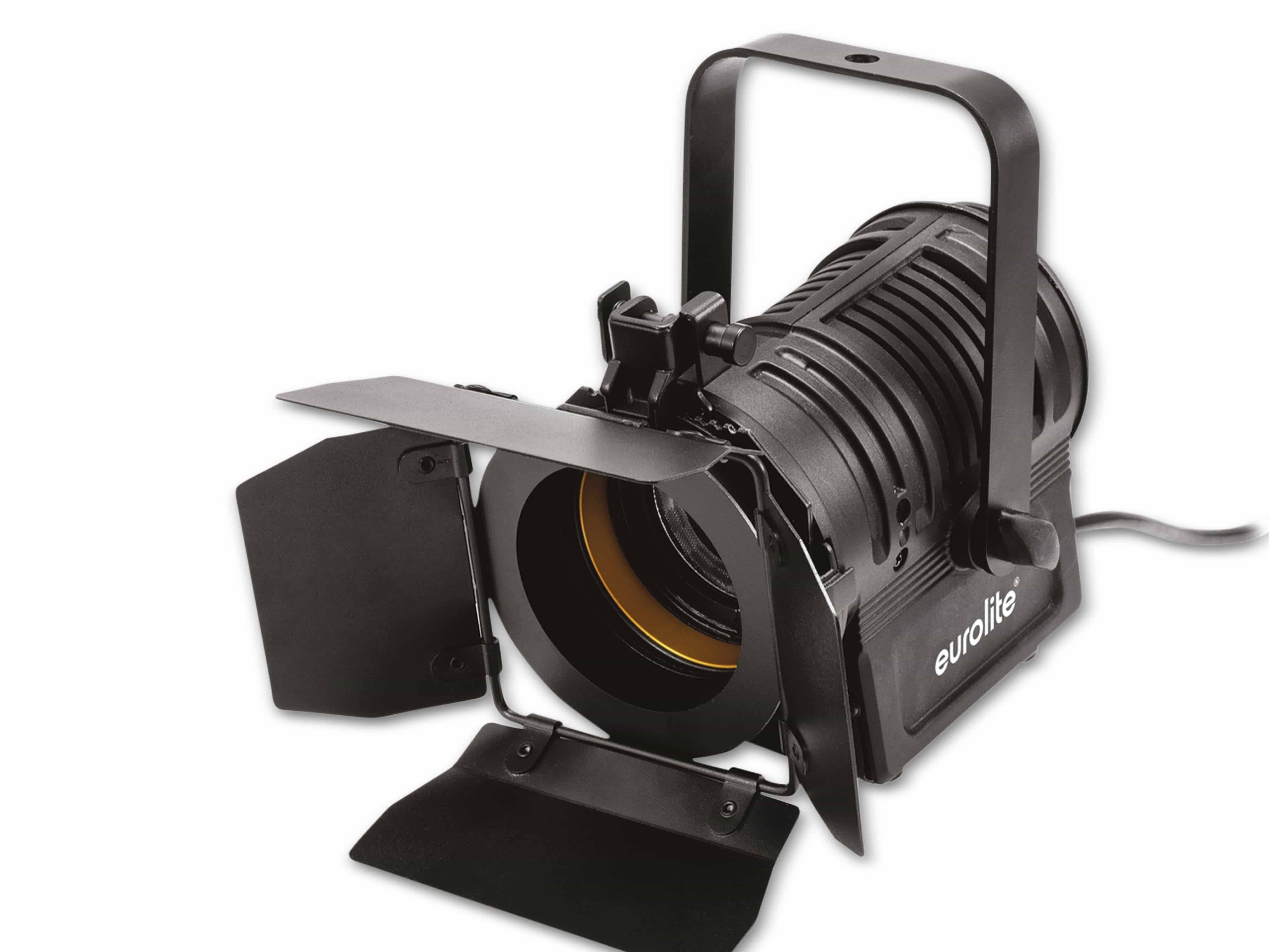 Ein schwarzer Bühnenscheinwerfer mit rechteckigen Sperrklappe, Marke „Eurolite