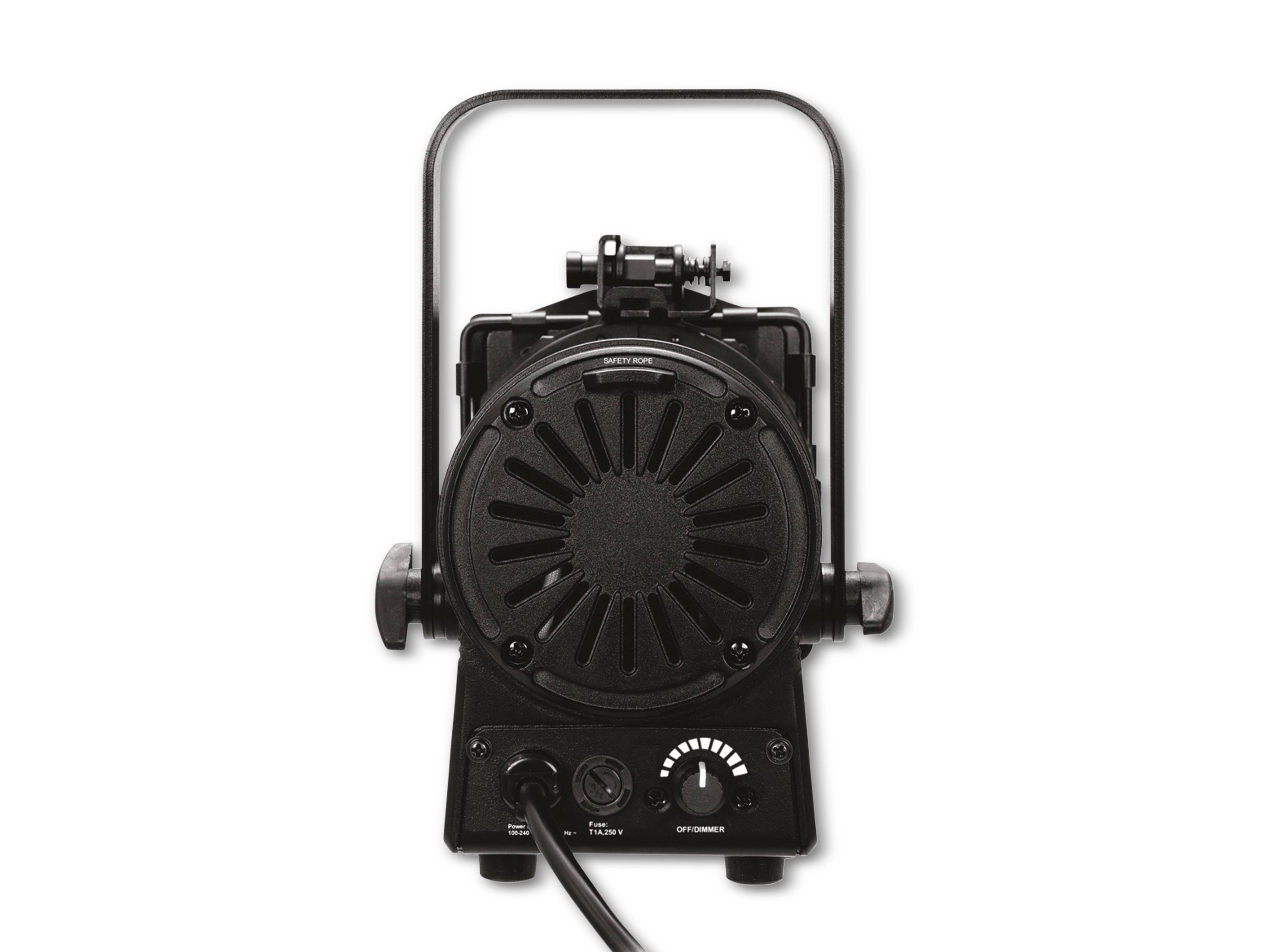 Ein tragbares schwarzes Bühnenlicht mit belüftetem Design und Bedienknöpfen auf der Rückseite, vor einem weißen Hintergrund dargestellt.