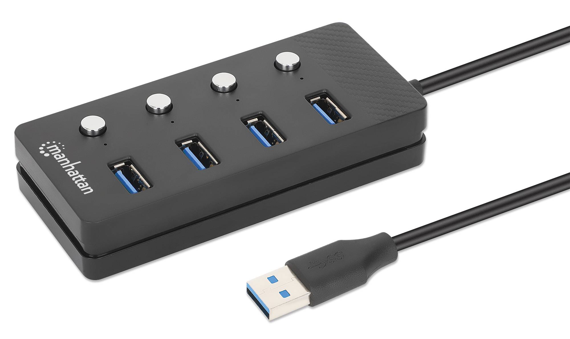 USB-Hub mit fünf Anschlüssen mit vier runden Tasten oben und vier blauen USB-A-Anschlüssen, gezeigt mit angeschlossenem USB-Kabel und Stecker.