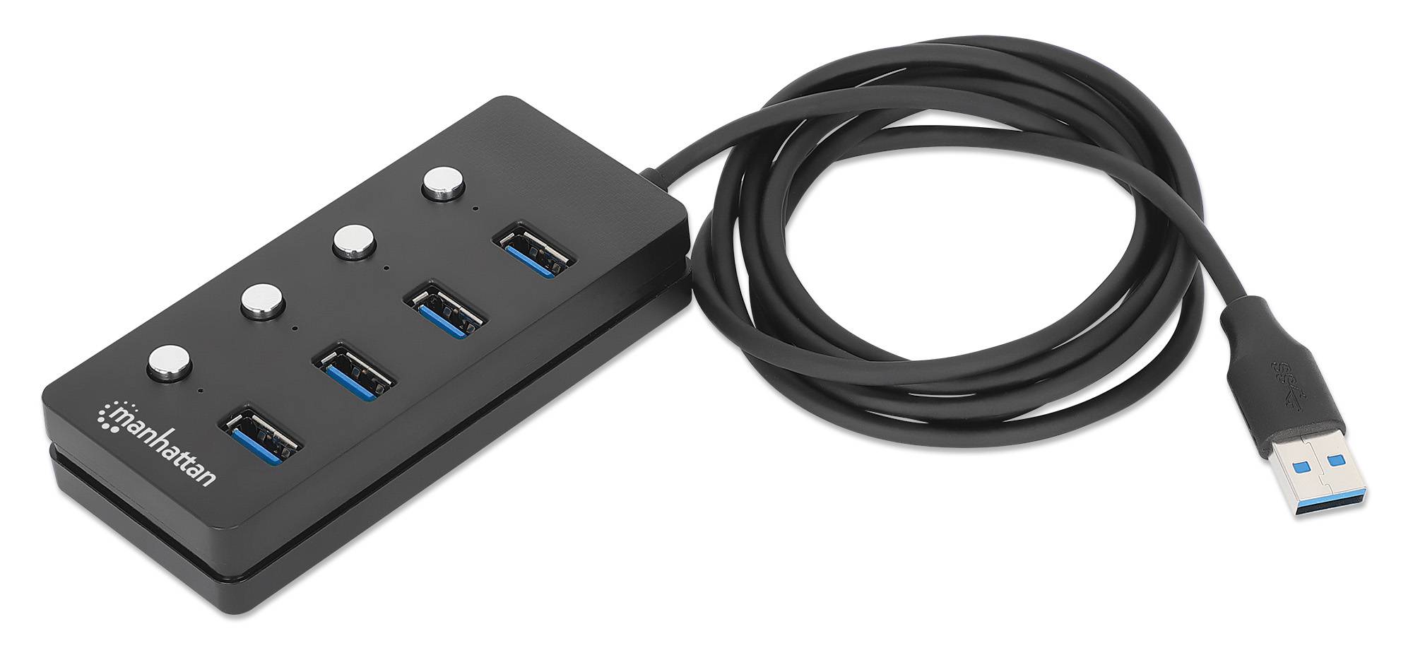 Schwarzer Manhattan USB 3.0-Hub mit vier Anschlüssen und angeschlossenem Kabel, dargestellt auf weißem Hintergrund.