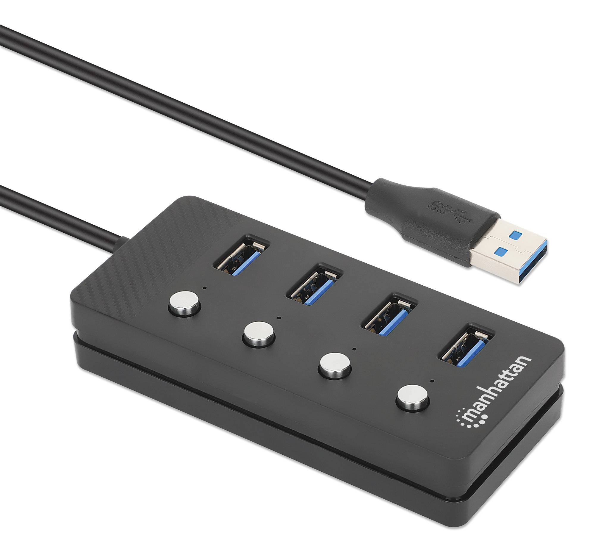 Vierfach-schwarzer USB-3.0-Hub mit angeschlossenem Kabel und vier blauen USB-A-Anschlüssen, Marke „Manhattan