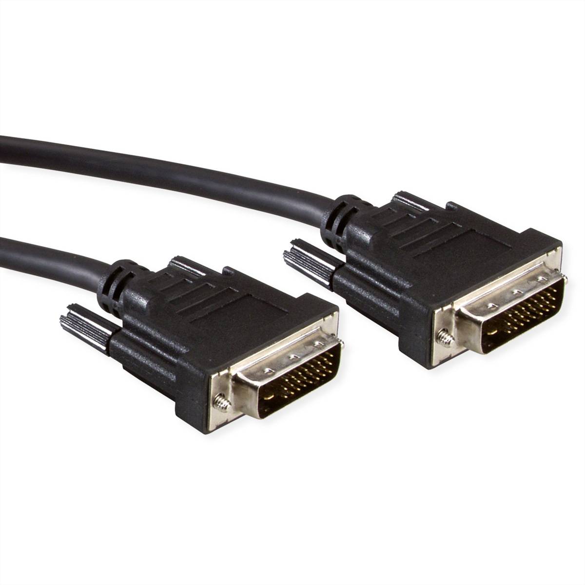 Zwei schwarze DVI-Kabel mit Steckverbindern für digitale Videoverbindungen, 24-polige Anordnungen zeigend, nebeneinander auf weißem Hintergrund platziert.
