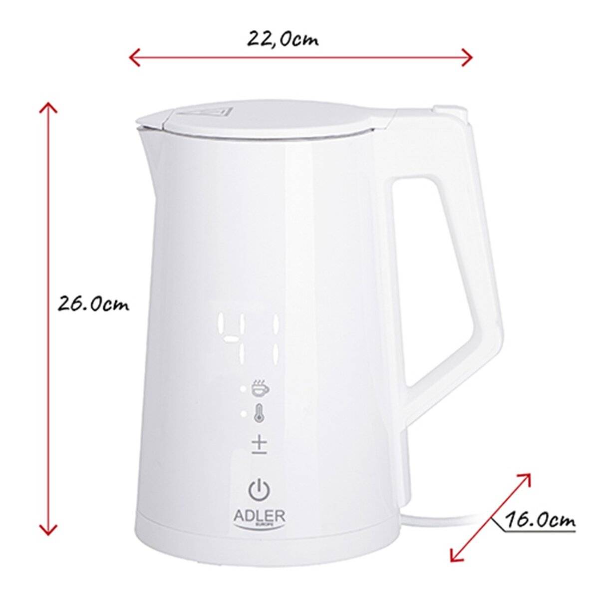 Elektrischer Wasserkocher mit digitaler Anzeige, Marke 'Adler', Höhe 26 cm, Breite 22 cm, Tiefe 16 cm. Weiß, mit Griff und Ausguss.