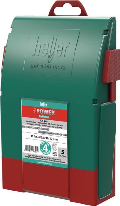 Eine grüne und rote Verpackungsbox für Heller Bohrer mit der Beschriftung '4 Power' und Details zu den Größen 6, 8, 10, 12 mm, mit Darstellung des SDS-plus-Typs.