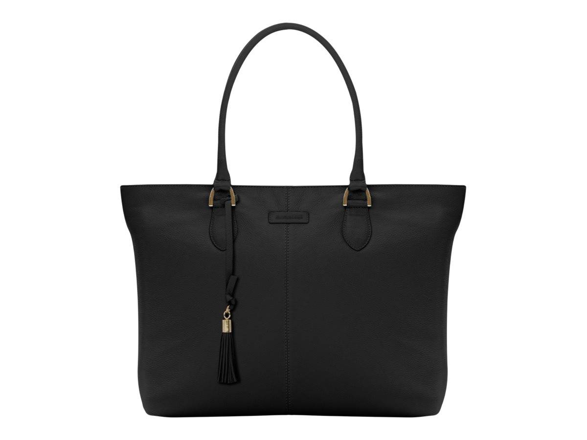 Eine schwarze Ledertasche mit zwei Henkeln und einer dekorativen Quaste, präsentiert vor weißem Hintergrund.