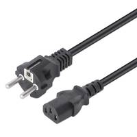 Ein schwarzes Netzkabel mit einem europäischen Stecker auf der einen Seite und einem C13-Anschluss auf der anderen Seite, das verwendet wird, um elektronische Geräte mit Stromquellen zu verbinden.