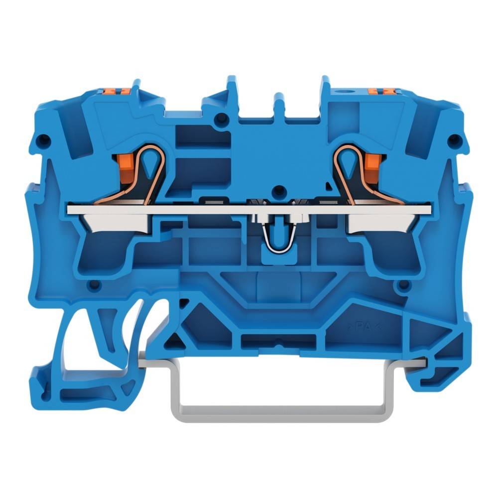 Eine Schnittansicht eines blauen elektrischen Klemmenblockes, die interne Komponenten wie Anschlusspunkte und leitfähige Pfade zeigt.