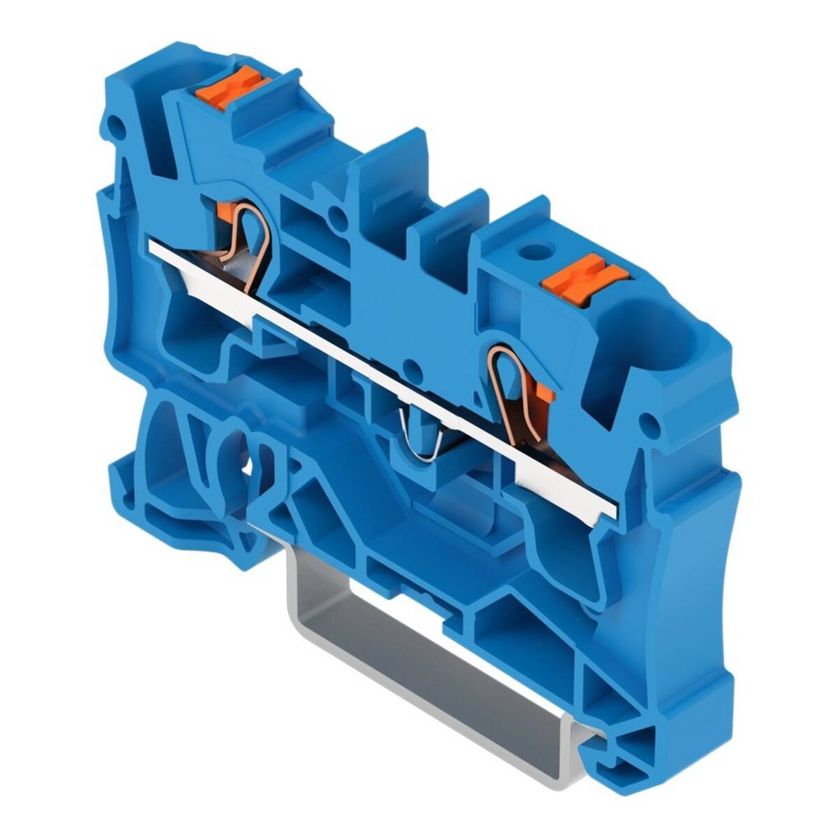 Eine Nahaufnahme eines blauen elektrischen Anschlusskastens mit Metallverbindern und orangefarbenen Hebeln zur Kabelverbindung, der in elektrischen Schaltkreisen verwendet wird.