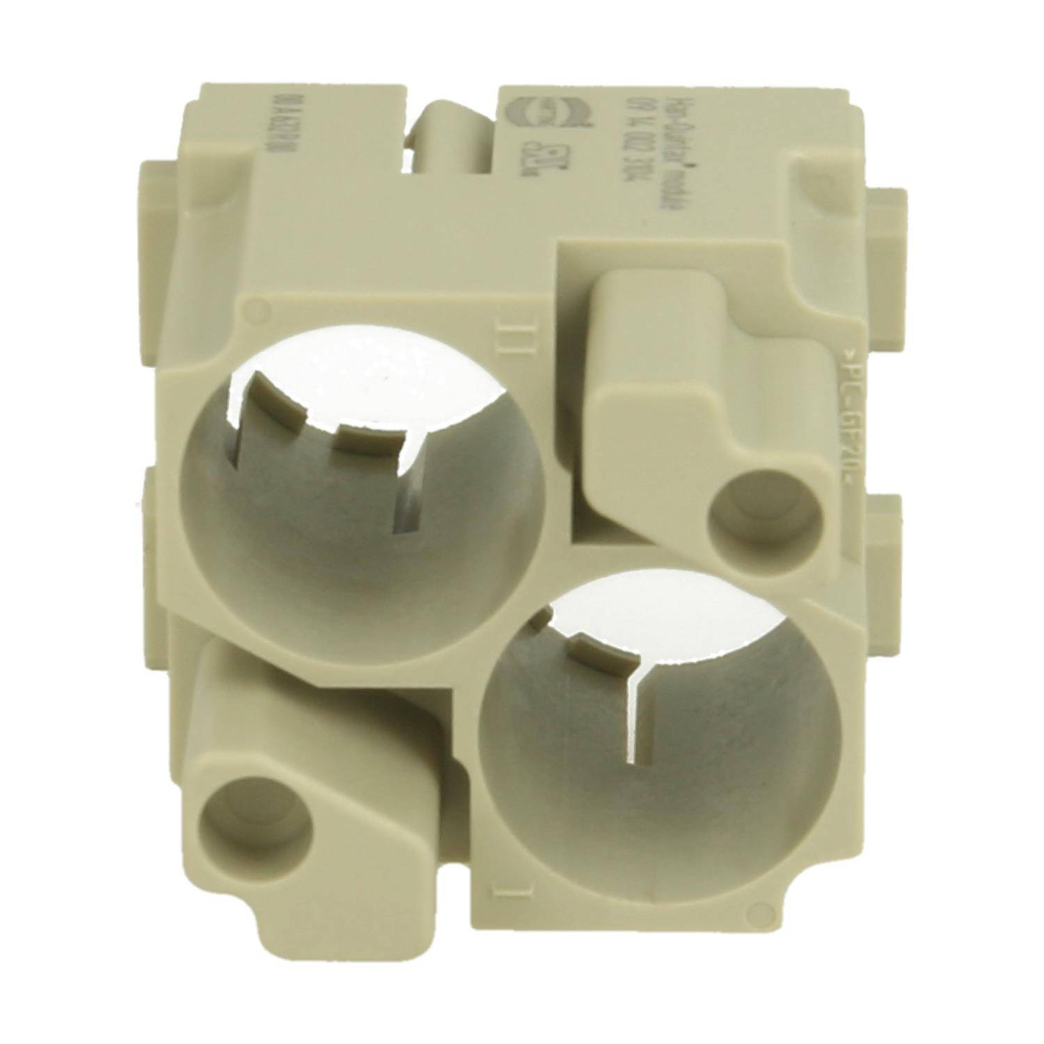 Eine blockige beige Komponente mit drei zylindrischen Löchern. Wahrscheinlich verwendet in elektrischen oder mechanischen Baugruppen.